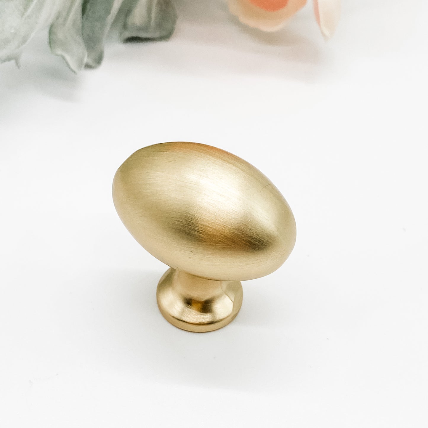 Brushed gold egg shaped cabinet knob on white background