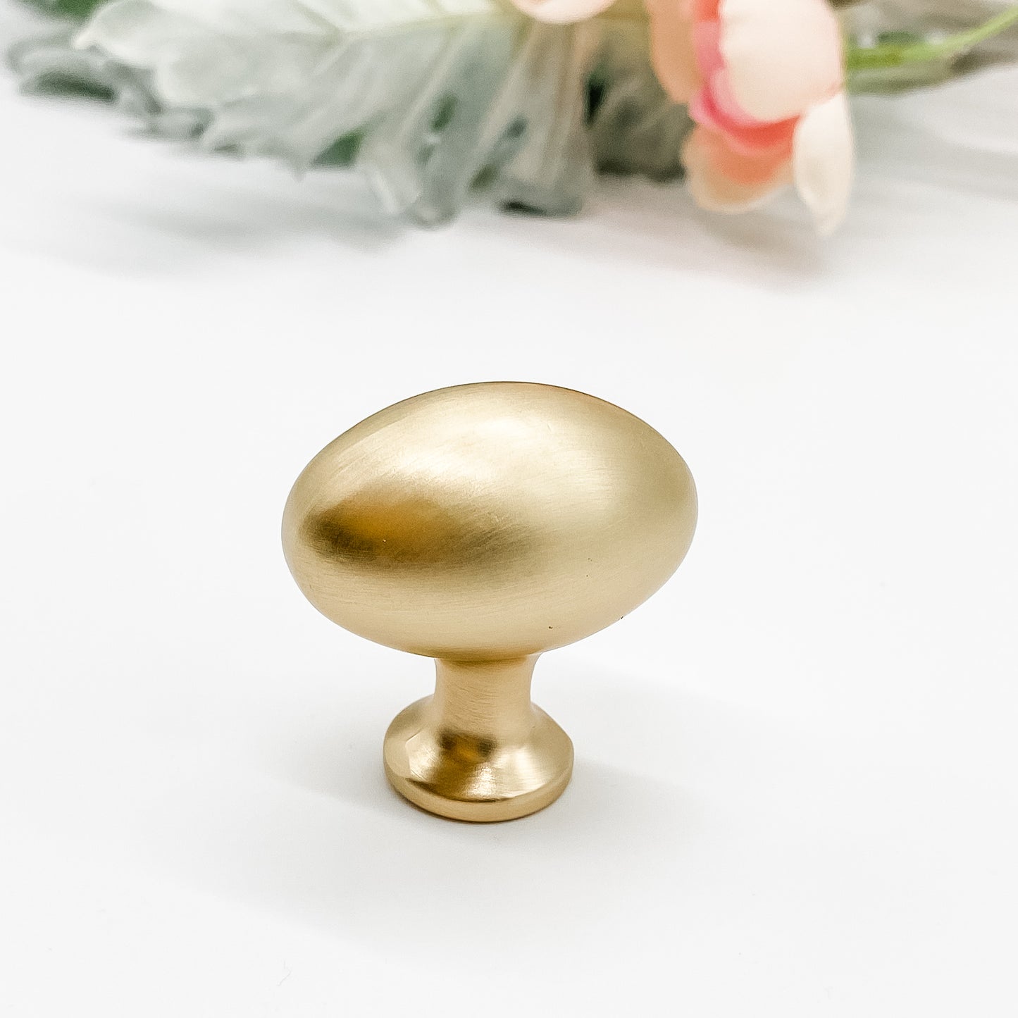 Brushed gold egg shaped cabinet knob on white background