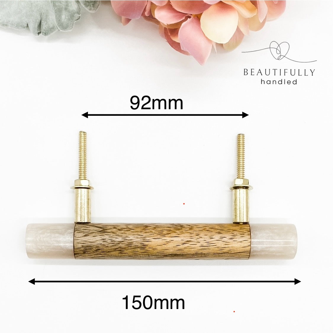 Timber drawer handle with resin edge