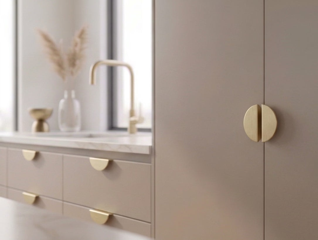 Kitchen cabinets featuring gold half moon handles with beige cabinets, marble benchtop and brushed gold tapware