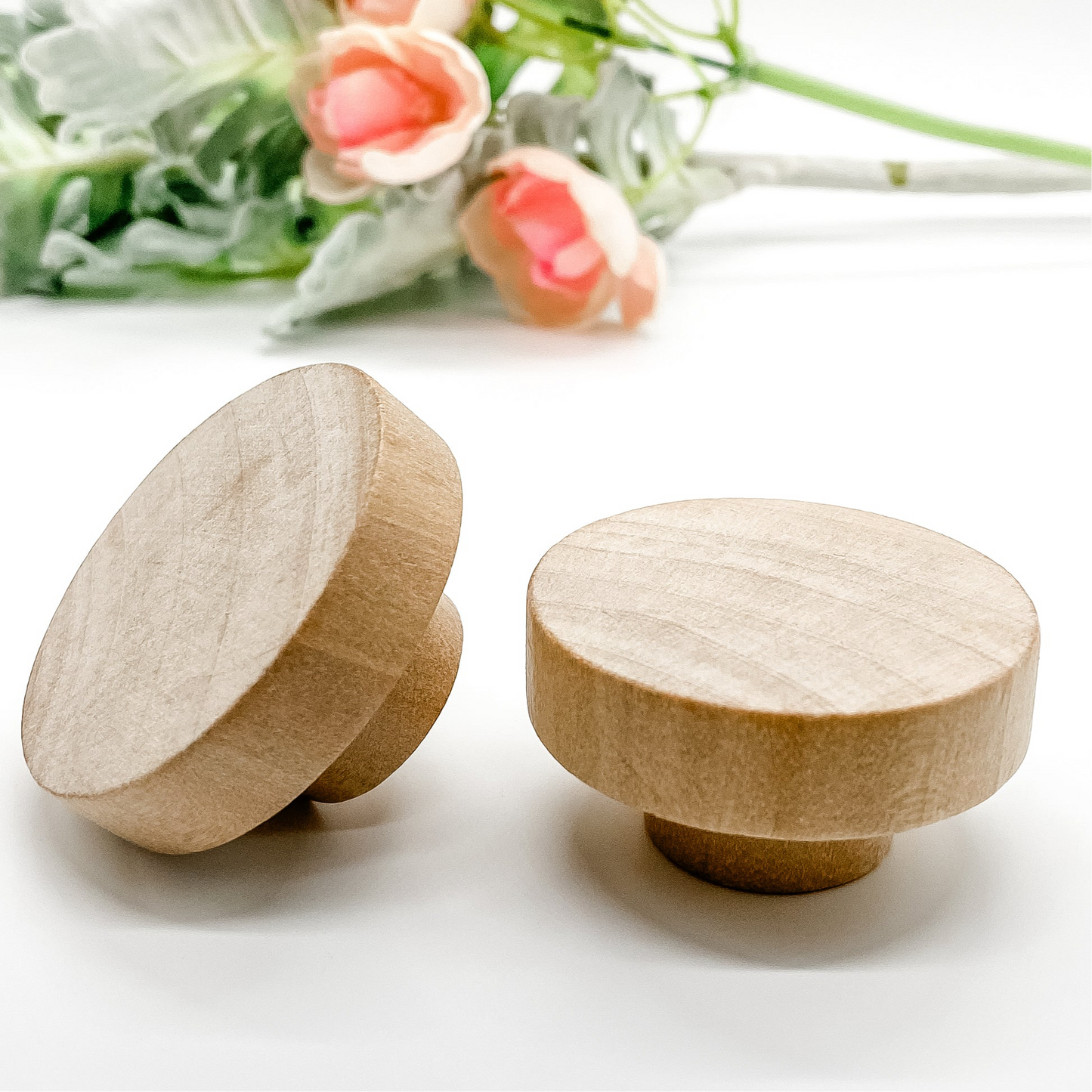 round wooden cabinet knob 50mm side angle with white background