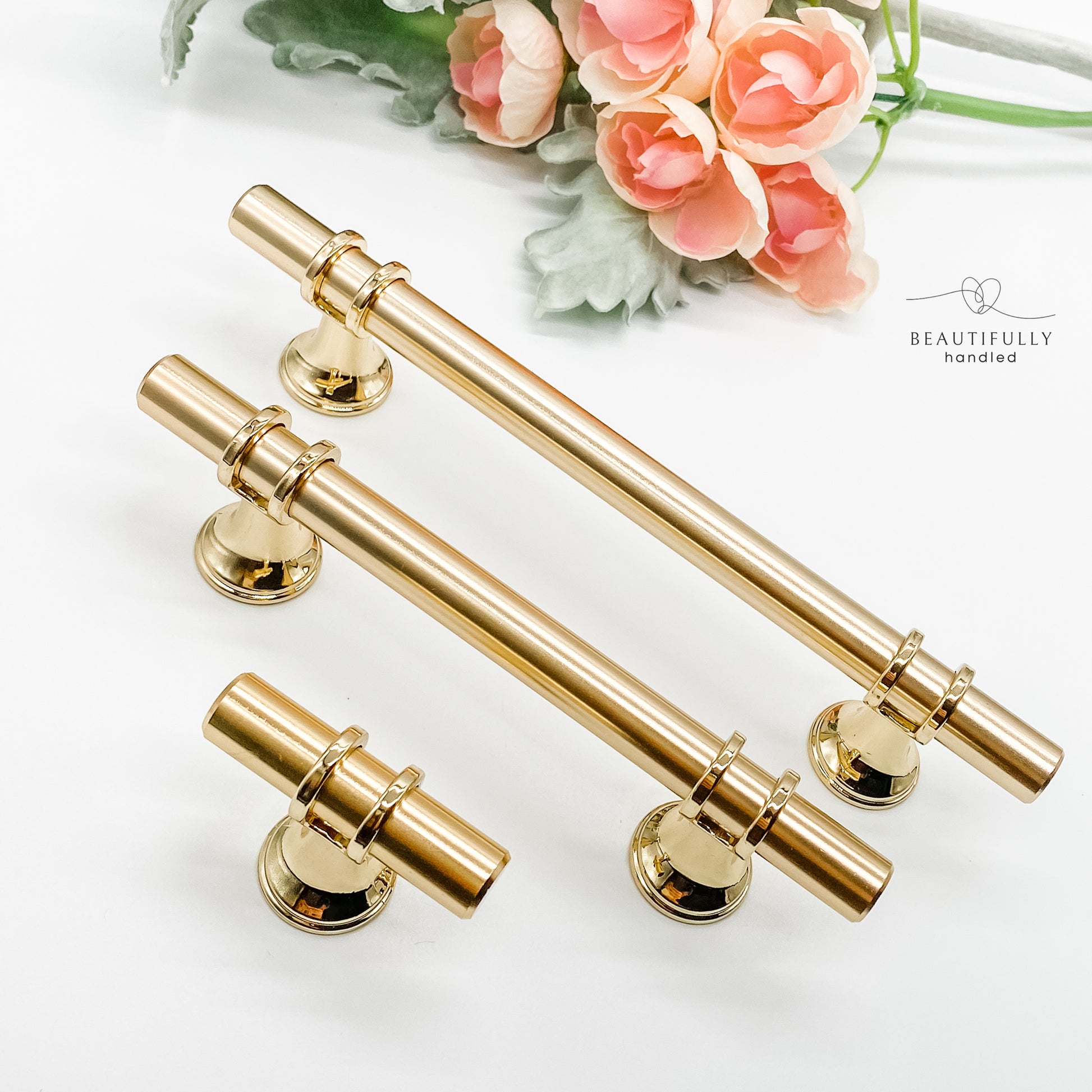 Brushed gold drawer handles available in t-bar, 96mm and 128mm sizes.