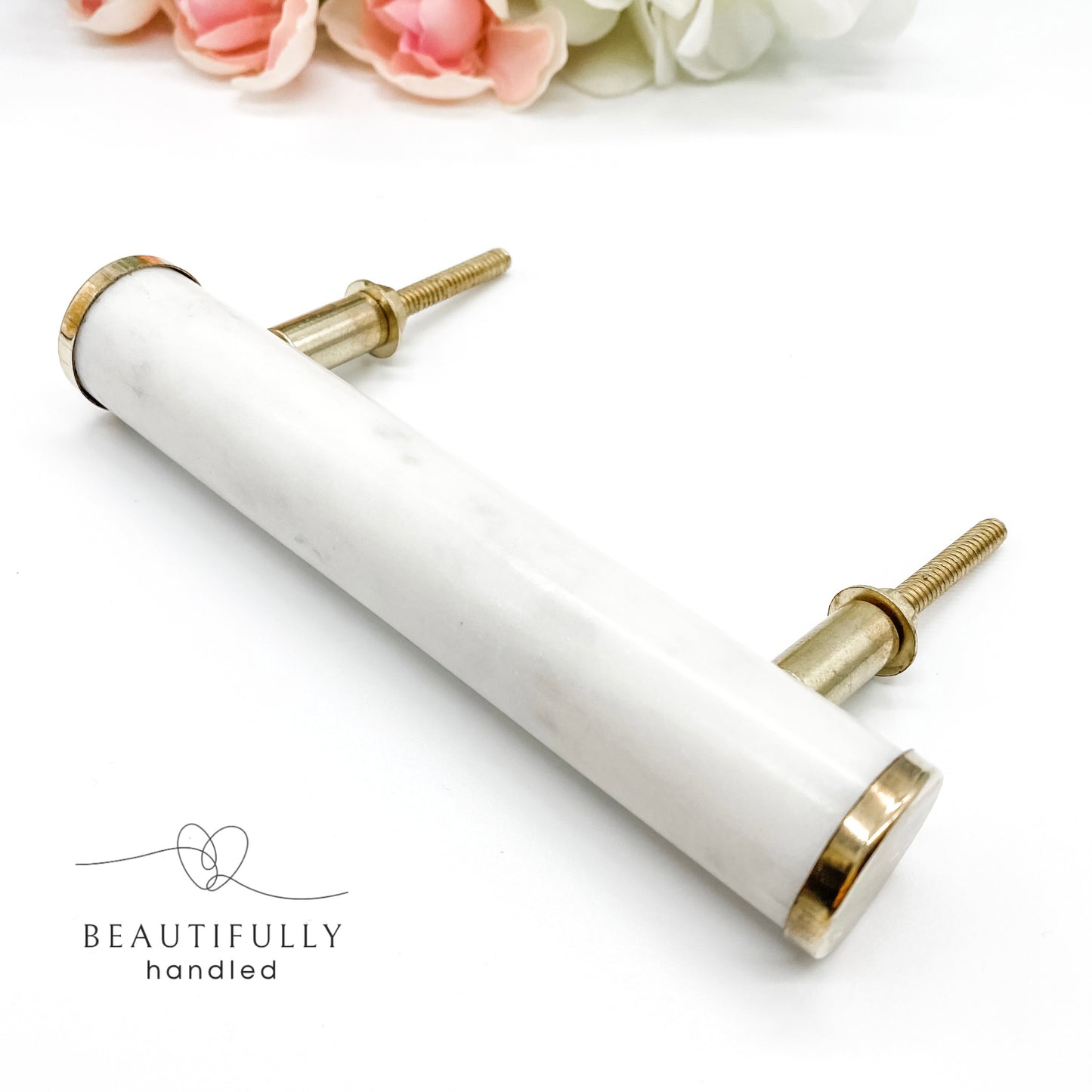 Elegant Long Round White Marble and Brass Handle
