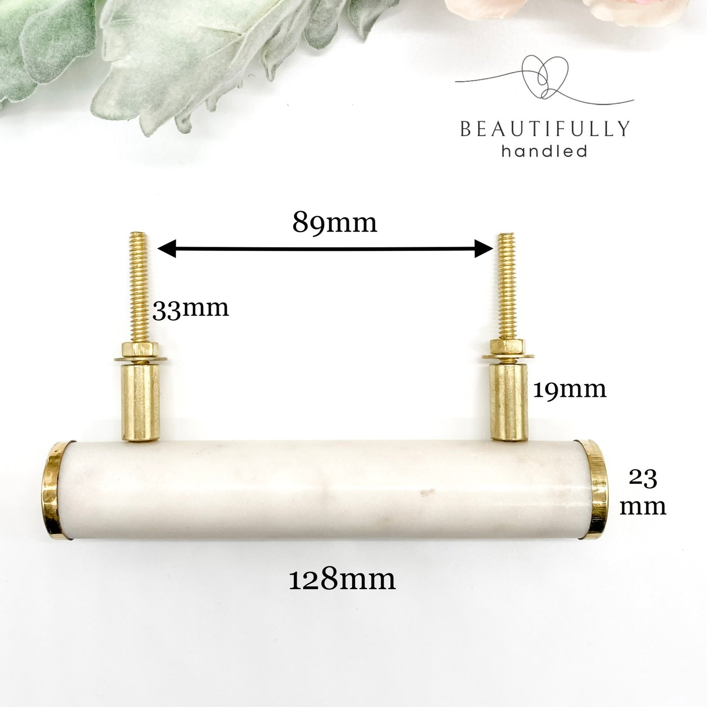 Elegant Long Round White Marble and Brass Handle