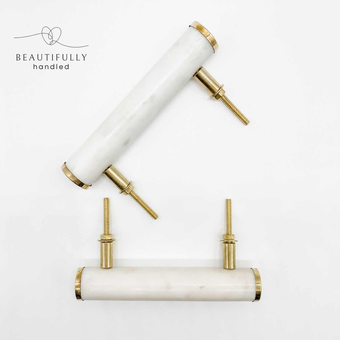 Elegant Long Round White Marble and Brass Handle