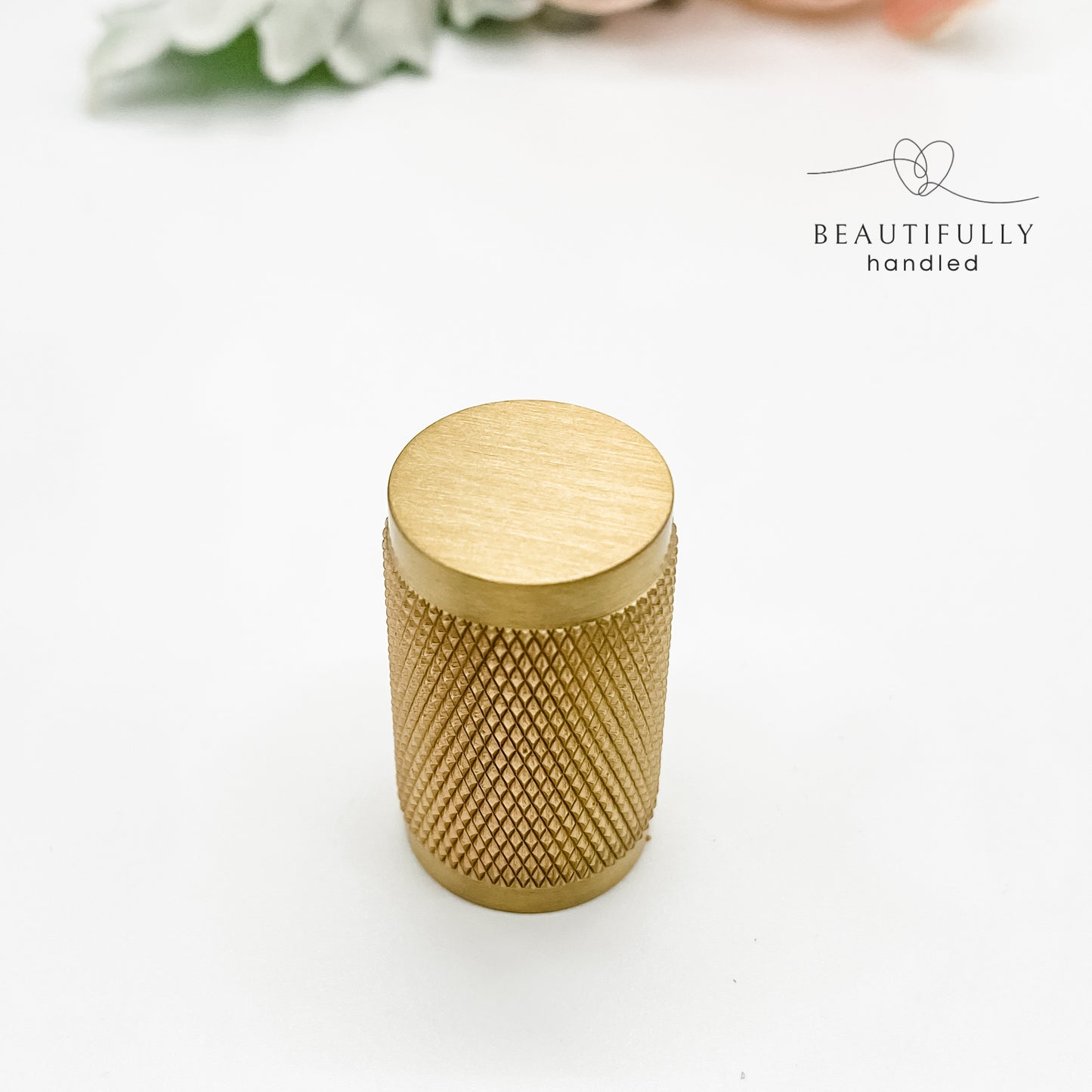 solid brass drawer knob in knurled brass on white background