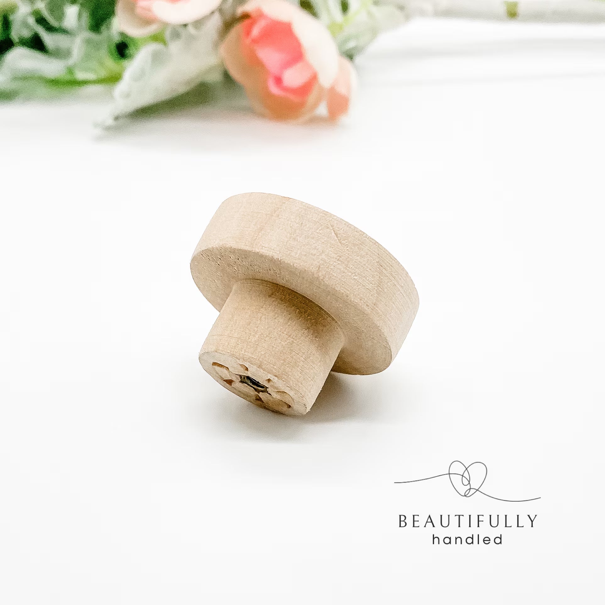 wooden drawer knob 35mm close up picture on white background underneath angle