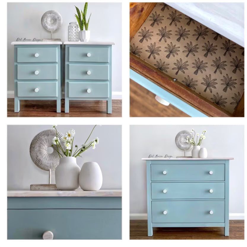 Collage of a light blue dresser with white wooden drawer knobs, decorative items, and wallpapered drawer liners.