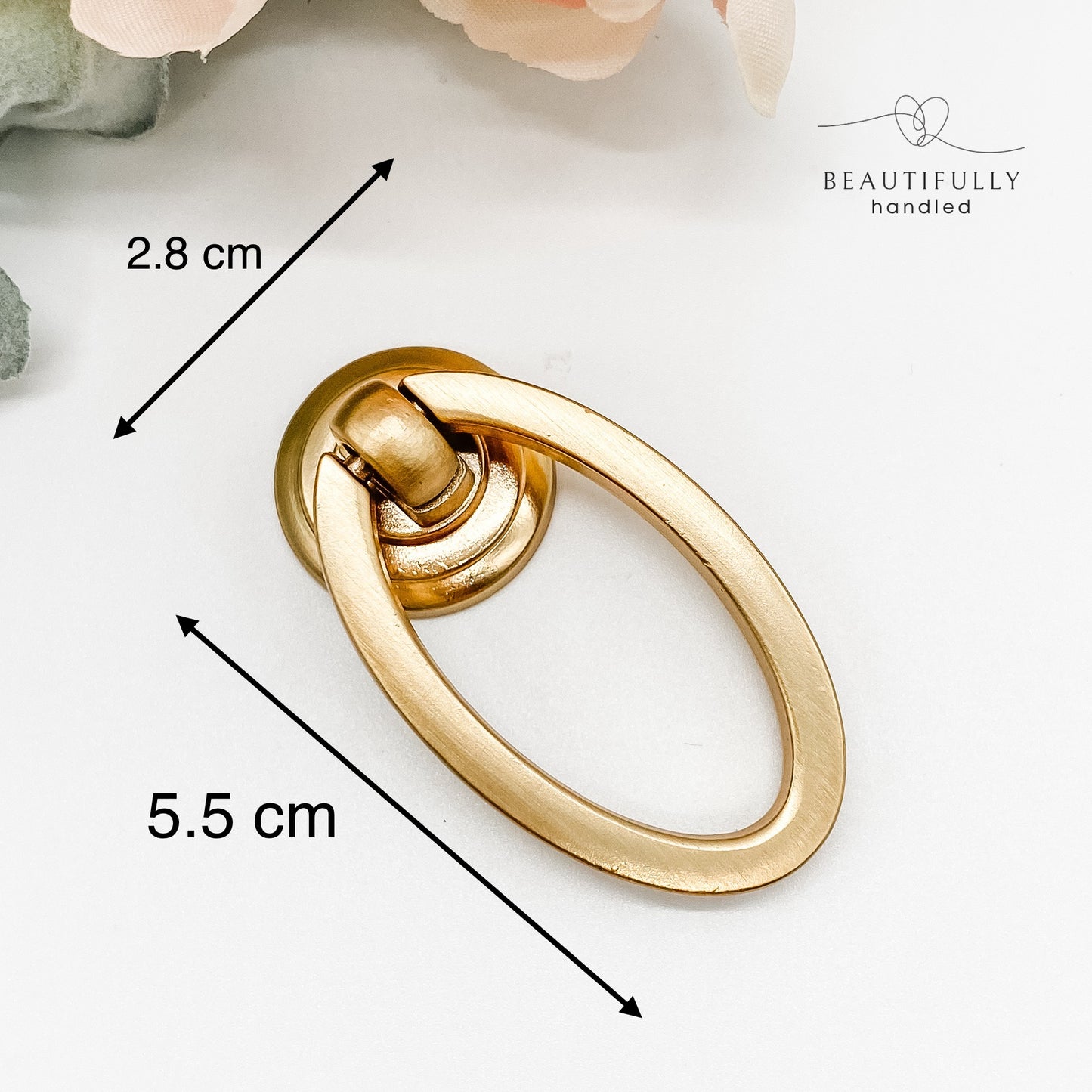 brushed gold oval shaped drop ring pull for cabinet drawers front angle with dimensions