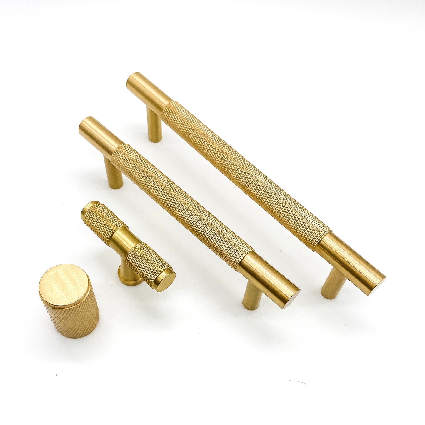 Modern brushed brass knurled kitchen cabinet handles t-bars and knobs