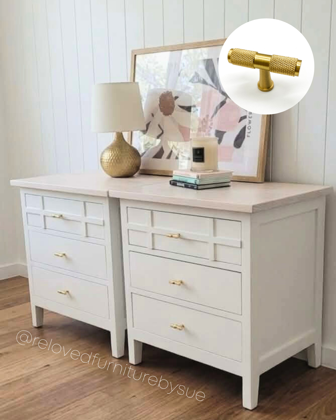 White dresser with brass t-bar handles in a room setting, featuring a lamp and framed artwork.