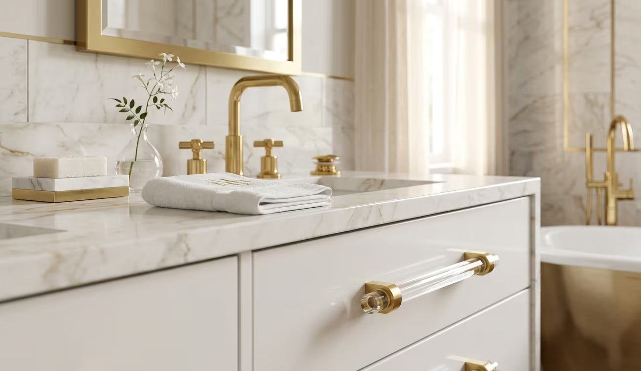 clear acrylic and brass drawer handle in luxurious bathroom with marble top and brass tapware
