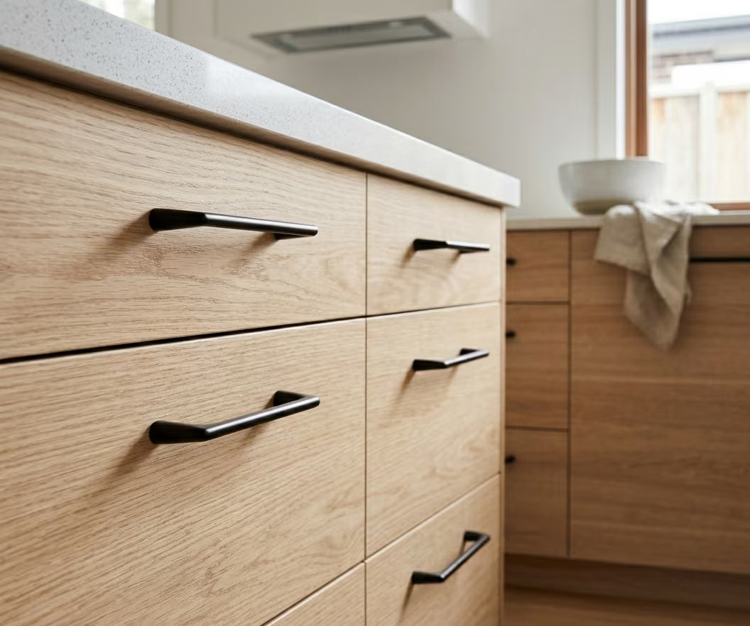 Close-up of  black square ended slimline handles on wooden kitchen cabinets in a modern kitchen setting.