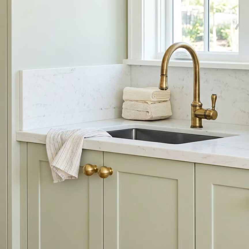 Kitchen sink area with gold faucet and brass round cabinet handles with light-colored walls and countertop. 