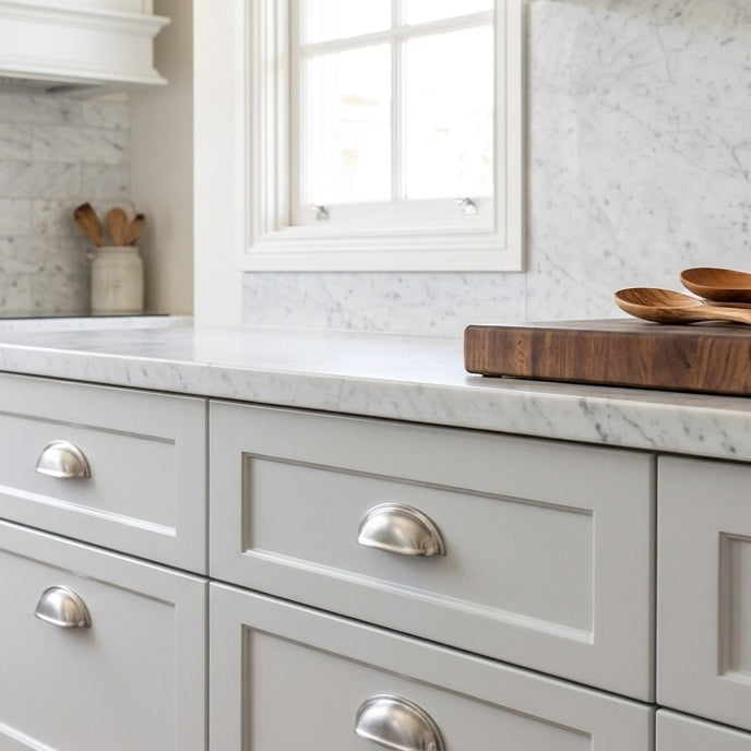 Chrome cup pulls on Kitchen with gray cabinets and marble countertop