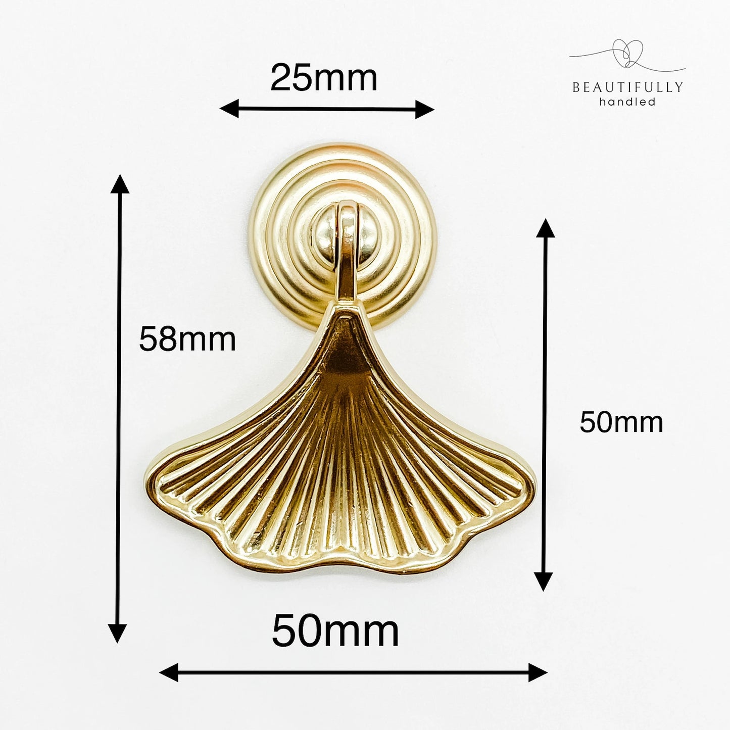 Gold ginkgo drawer handle on white background with dimensions