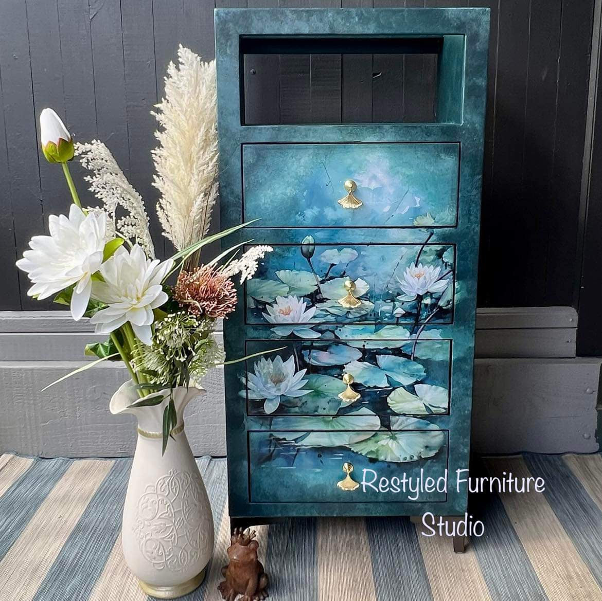 Gold ginkgo leaf drawer pulls on upcycled side table 