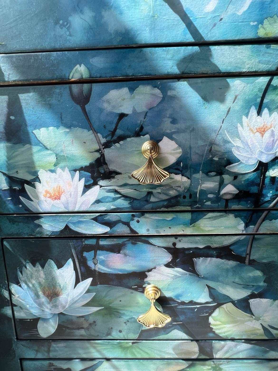 gold ginkgo drawer handles on upcycled waterlily set of drawers