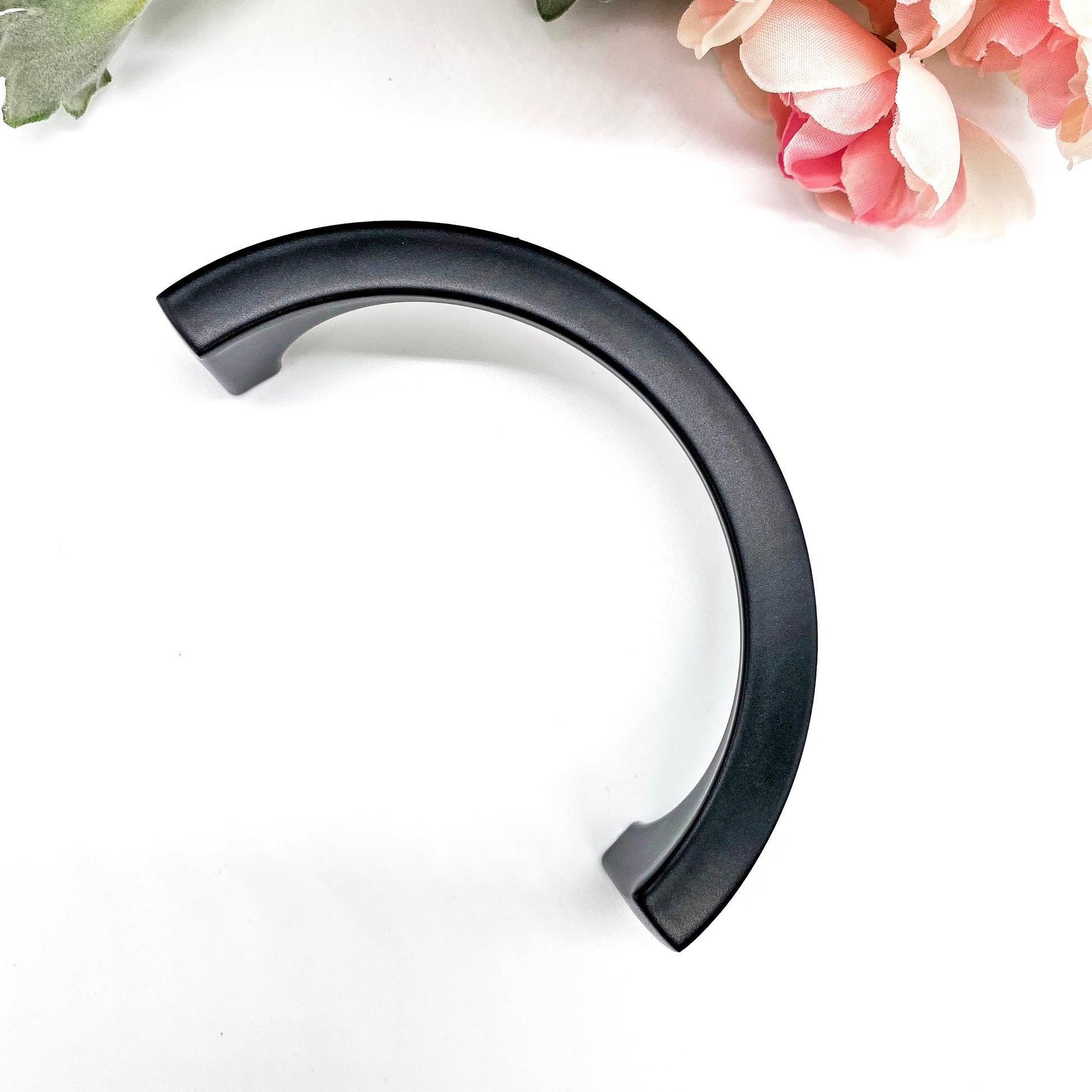 Matt black semi circle half moon kitchen drawer handle - slimline on white background