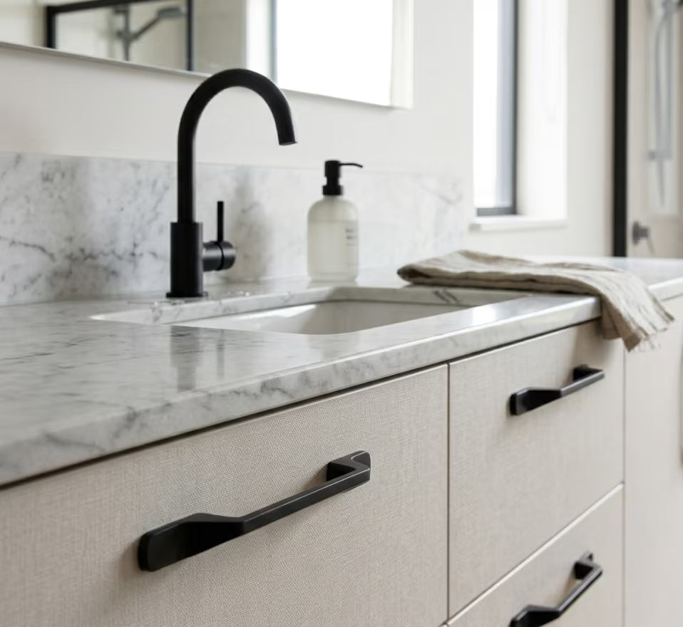 Black cabinet handles on neutral bathroom cabinets with marble benchtop and black tap faucet