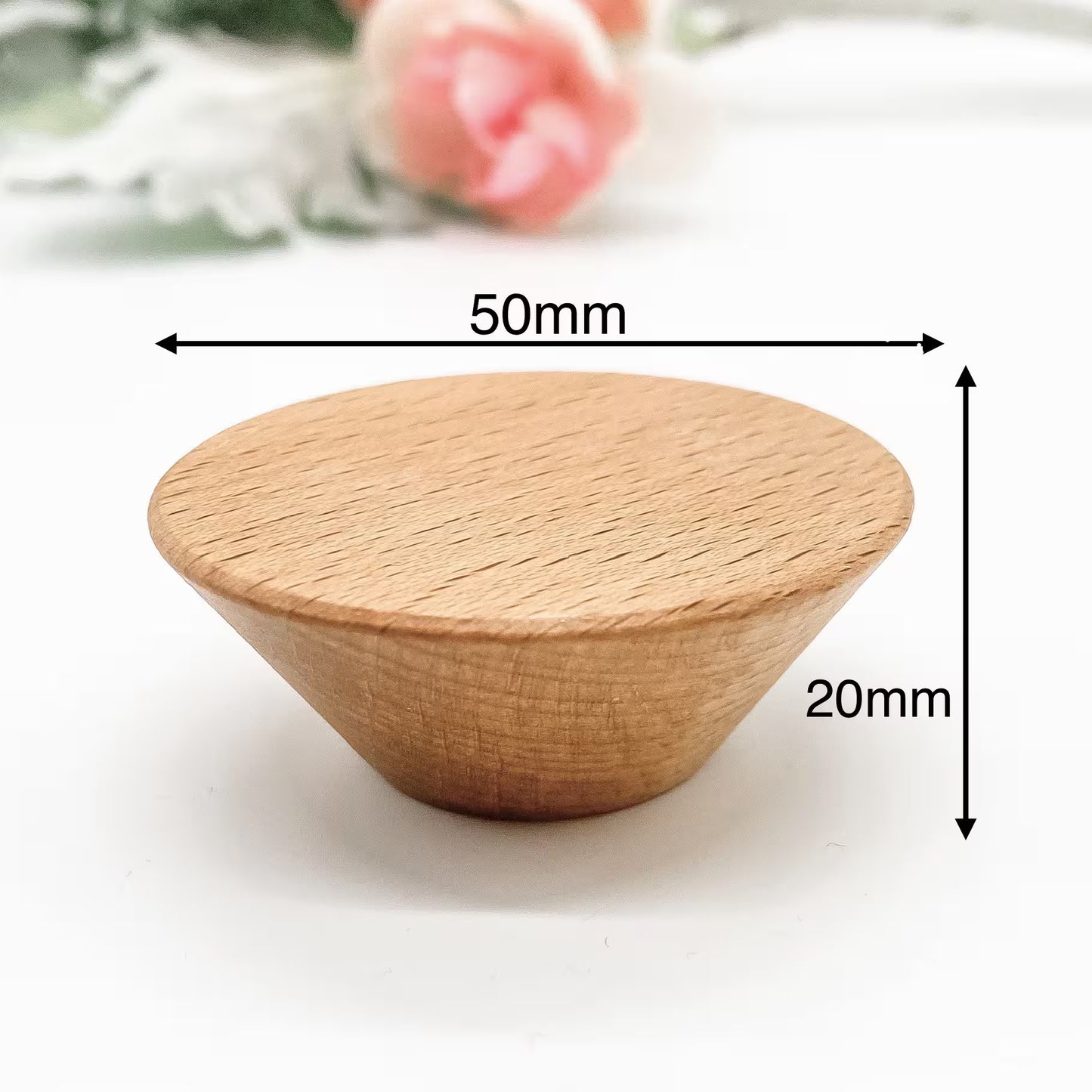 Wooden drawer knob with dimensions labeled on a white background