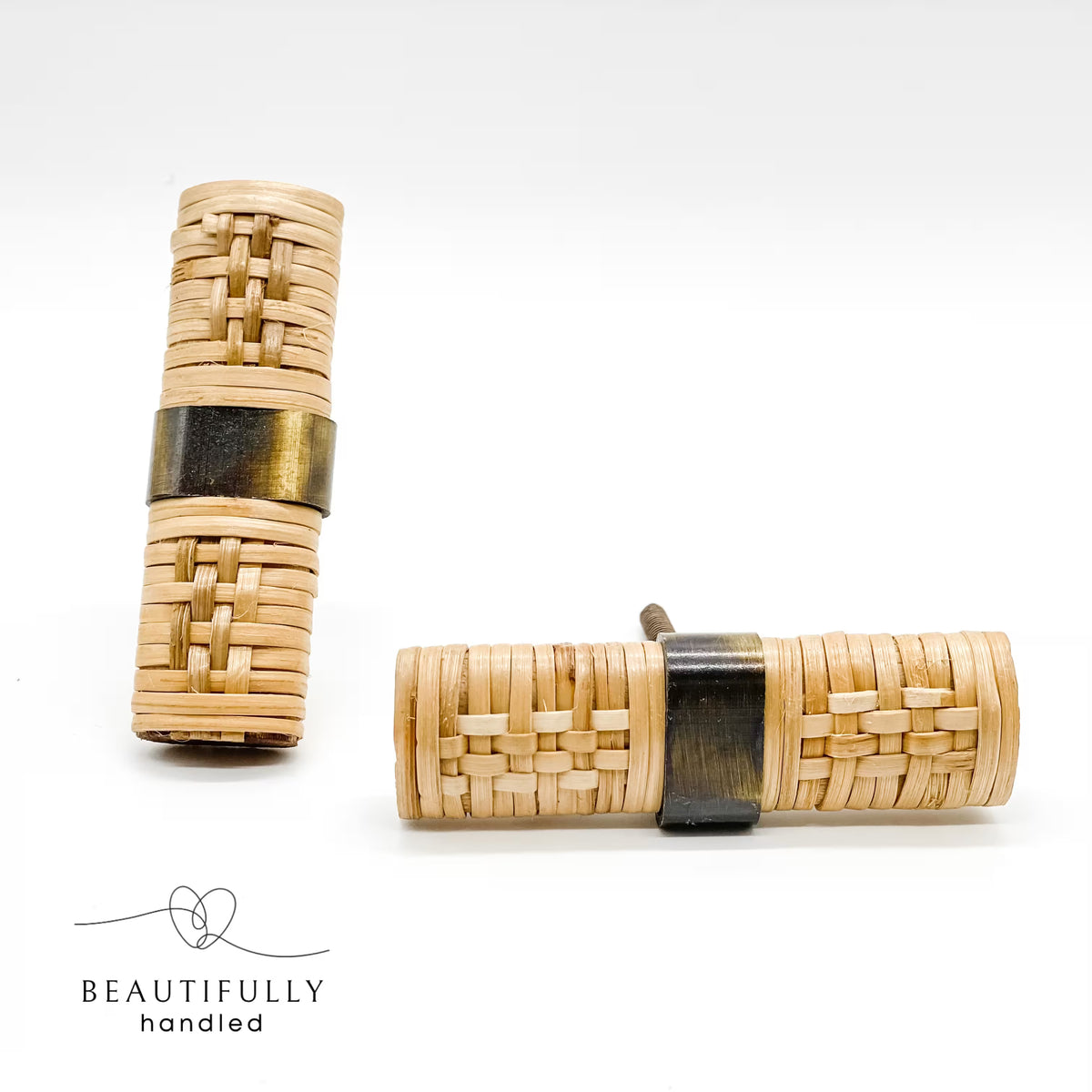 2 rattan drawer handles on plain white background