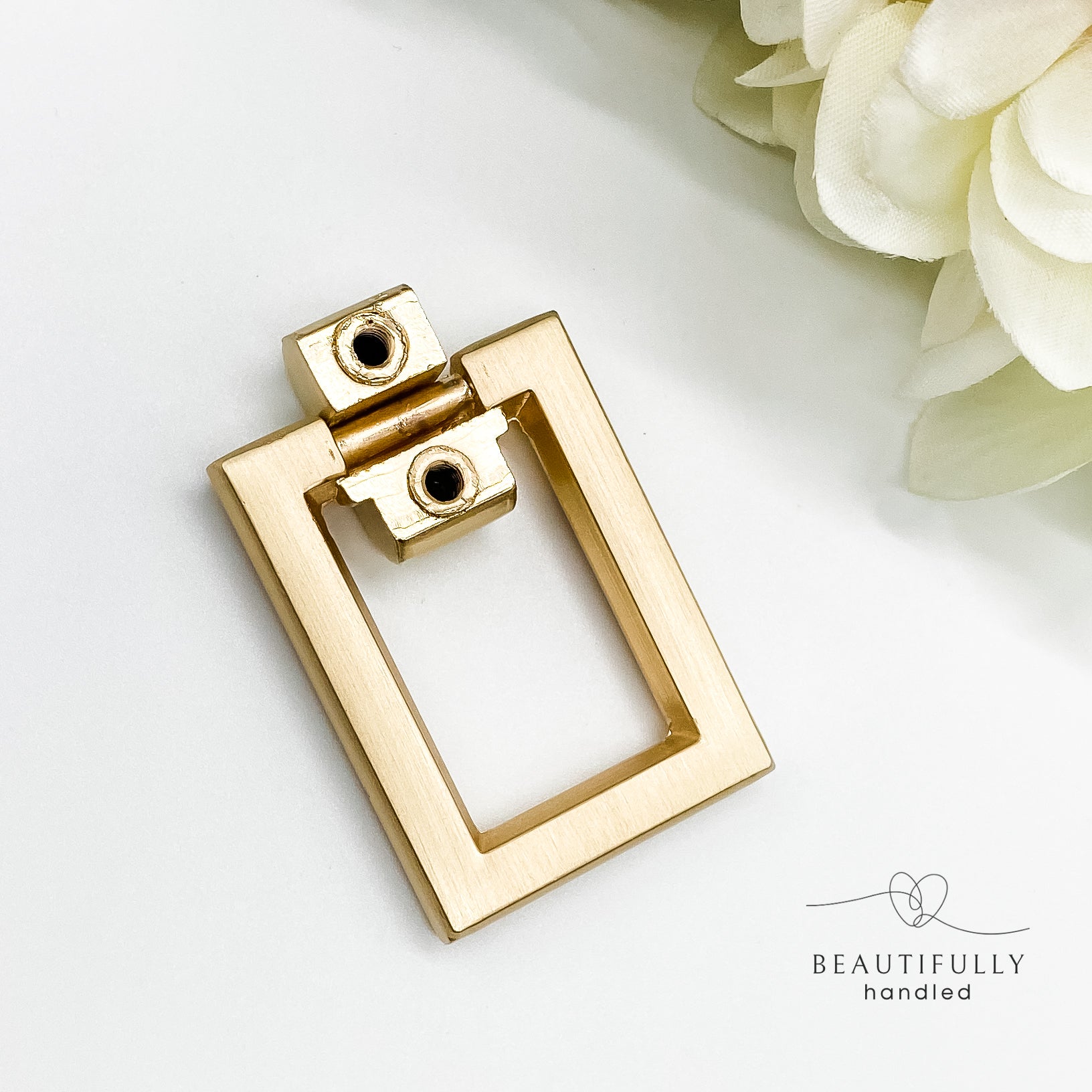 Brushed gold rectangular drop ring pull handle - Beautifully Handled