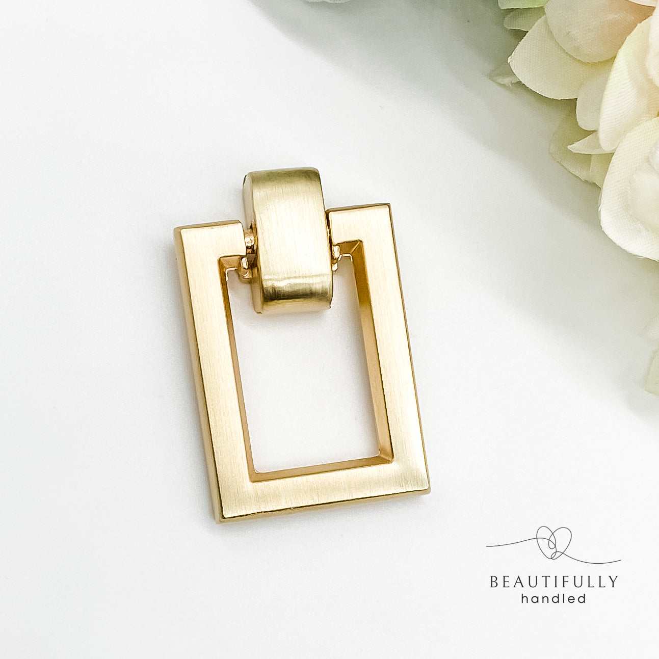 Brushed gold rectangular drop ring pull handle - Beautifully Handled
