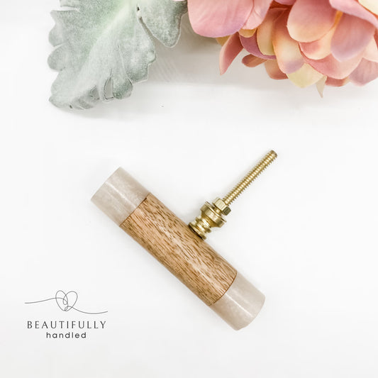 Timber drawer handle tbar with resin edges and brass attachment
