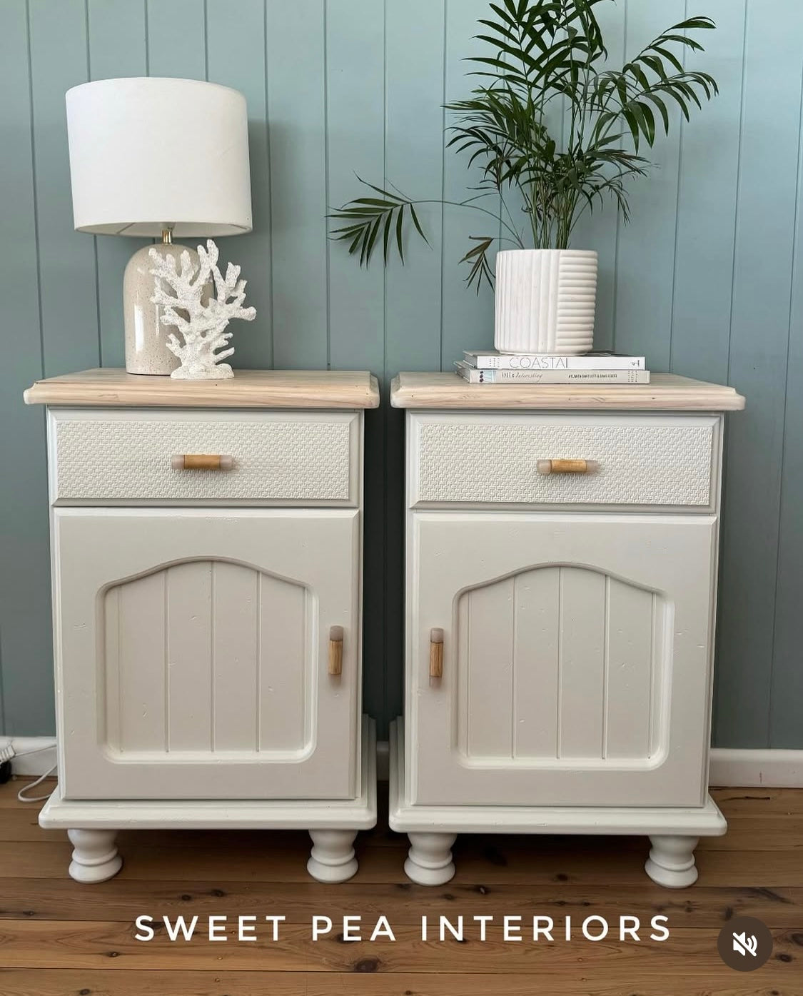 Timber drawer handles on Coastal style bedside tables staged in front of VJ panelling with coastal decor and white lamp