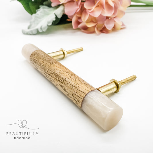 timber drawer handle with resin edges and brass bolts