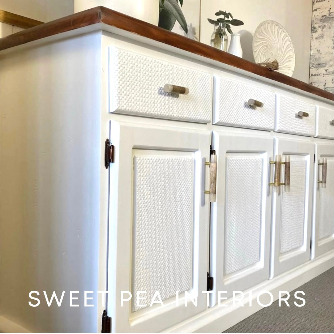 white painted buffet with timber and resin handles and matching t-bars