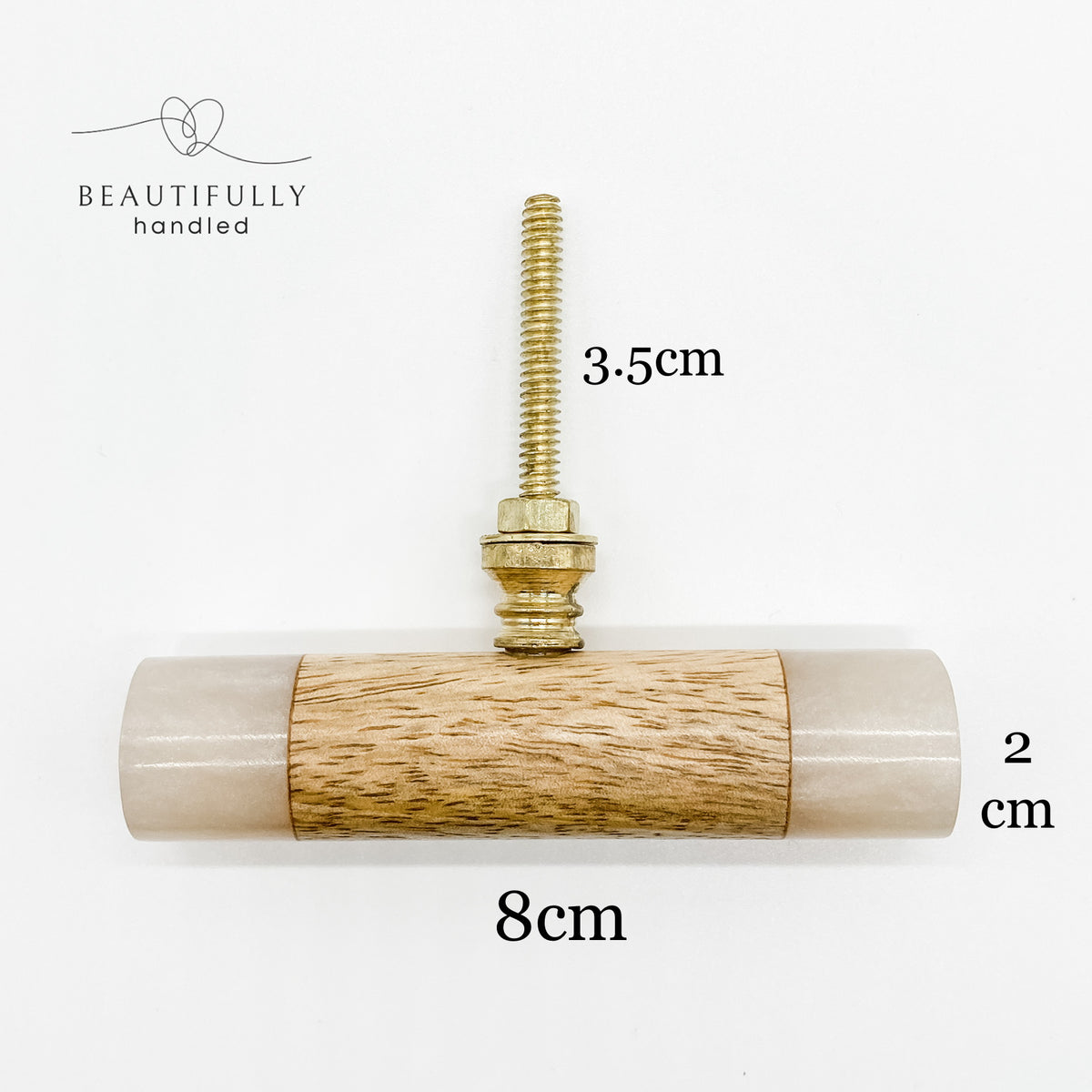 timber drawer pull with resin edges on white background and dimensions shown
