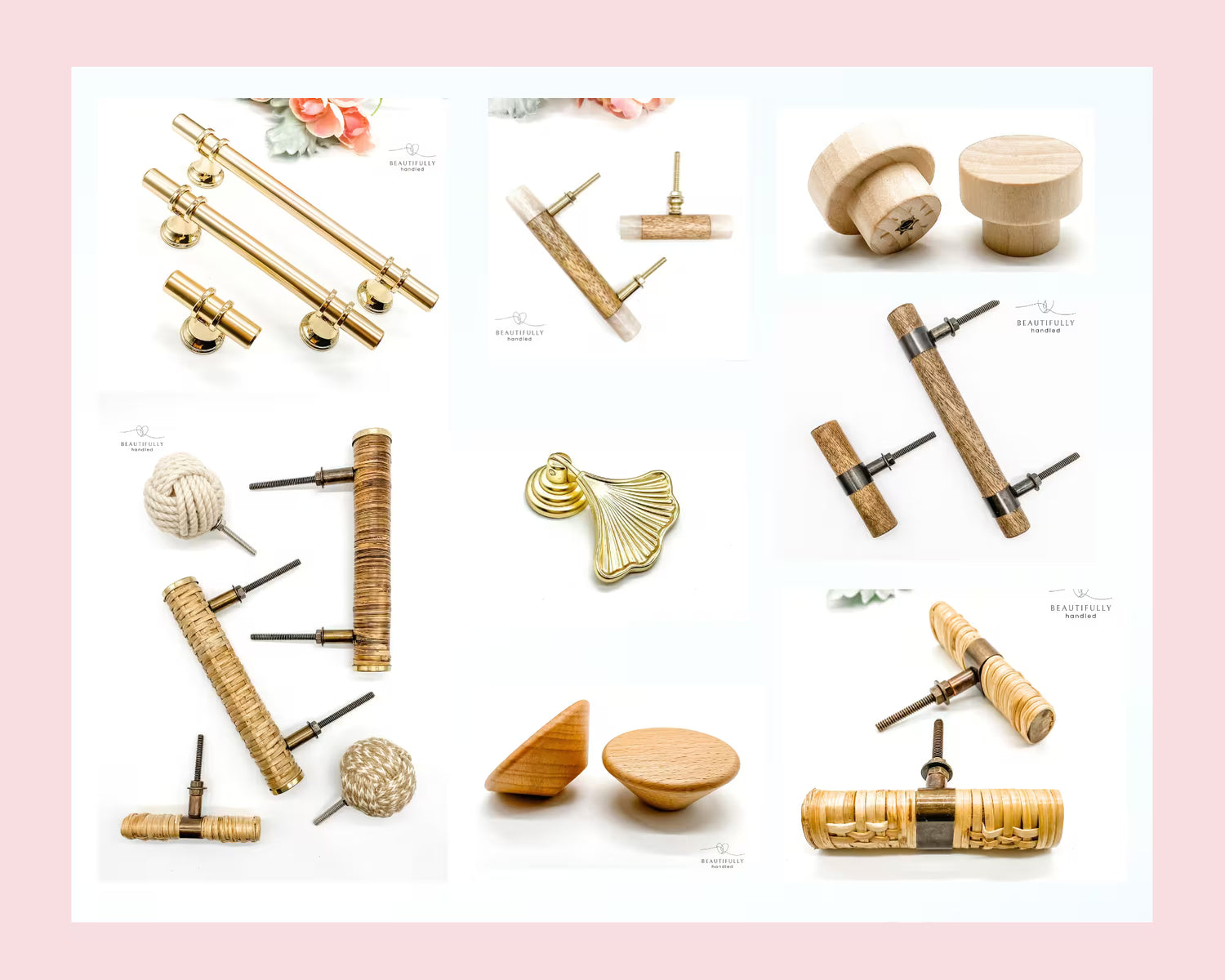 Collection of timber drawer handles, brushed gold handles and wooden knobs on a white background with pink border